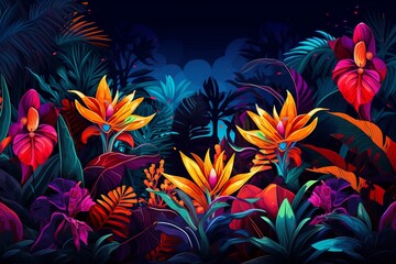 Fototapeta na wymiar Desktop wallpaper with tropical plants, jewel-toned jungle motifs, neon abstraction, and illustration background. Generative AI