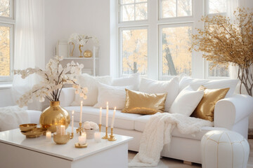 White and gold home autumn decoration. Flowers stand in a vase on the table next to the luxury sofa. Elegant home decor. Generative AI