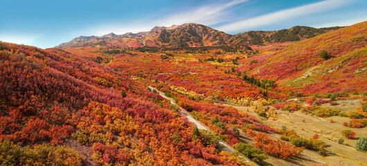 Aerial view of Snow basin landscape in Utah filled with brilliant fall foliage