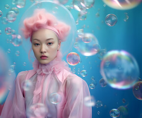 Fototapeta premium Fashion surreal Concept. Stunning beautiful woman of bubble and fluid in romantic magical pastel background. illuminated with soft composition and natural lighting. copy space