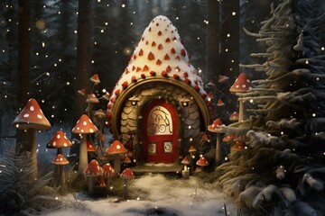 Cute house of a fairy-tale gnome in the forest. Beautiful fly agaric and other mushrooms. Winter forest. - obrazy, fototapety, plakaty