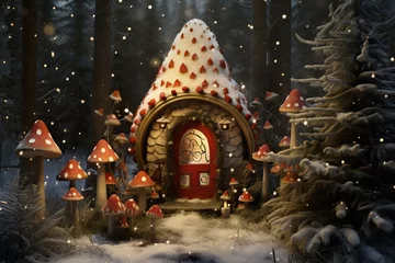 Fotobehang Cute house of a fairy-tale gnome in the forest. Beautiful fly agaric and other mushrooms. Winter forest. © Vladimir