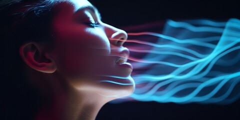 Woman Engaging in a Conversational Dialogue with Sound Waves Projected Onto Her Face, Representing the Intersection of Technology and Vocal Communication