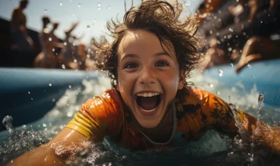 Cercles muraux Parc dattractions Teenager enjoys summer day at water park. Child boy laughing and smiling while riding water slide, feeling refreshing splashes