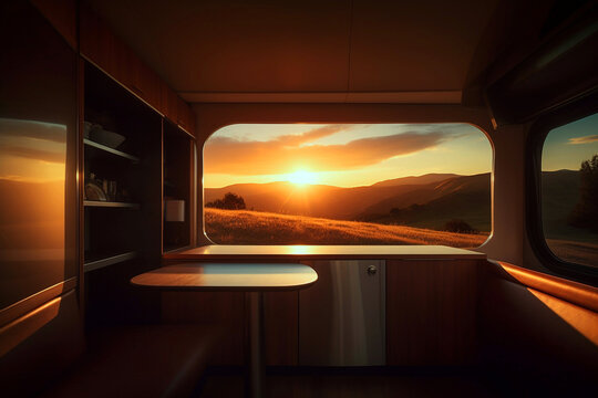 Fototapeta Sunset or sunrise through motor home caravan RV window from inside. Cosy relaxation, scenic early morning late evening view from recreation vehicle. Camper van car road trip theme concept