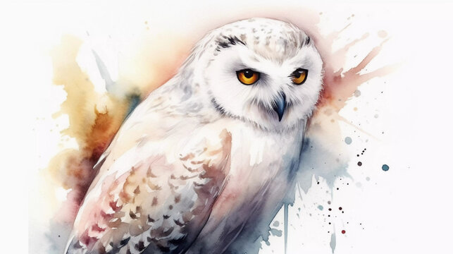 White Hedwig Owl Aquarell watercolor hand painted magical wizard school AI generated 
