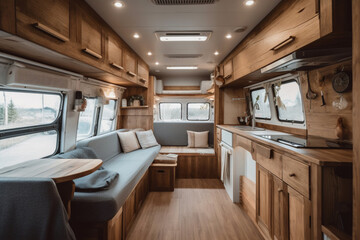 Travel transport and entertainment concept. Cosy Interior of motor home camping car, furnishing full of light decor of salon area, comfortable caravan house vehicle Relaxation areas for road travel - obrazy, fototapety, plakaty