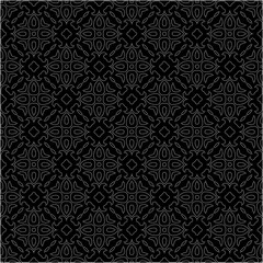 Black background with figures from dots . Black and white pattern for web page, textures, card, poster, fabric, textile. Repeating design.