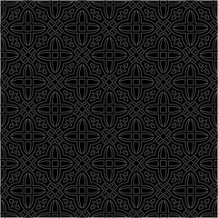 Black background with figures from dots . Black and white pattern for web page, textures, card, poster, fabric, textile. Repeating design.