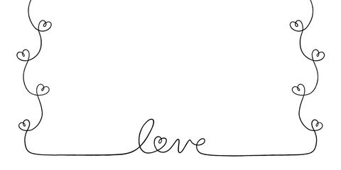 One continuous line drawing of hearts and love calligraphy. Hand drawn doodle illustration. Photo frame for valentines decorations cards. Thin curl border and romantic symbol in simple linear style.