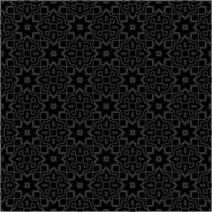 Black background with figures from dots . Black and white pattern for web page, textures, card, poster, fabric, textile. Repeating design.