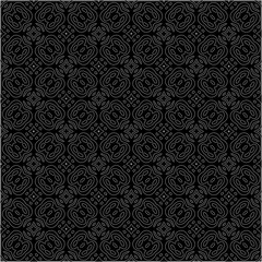 Black background with figures from dots . Black and white pattern for web page, textures, card, poster, fabric, textile. Repeating design.