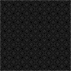 Black background with figures from dots . Black and white pattern for web page, textures, card, poster, fabric, textile. Repeating design.