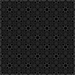 Black background with figures from dots . Black and white pattern for web page, textures, card, poster, fabric, textile. Repeating design.