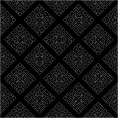 Black background with figures from dots . Black and white pattern for web page, textures, card, poster, fabric, textile. Repeating design.