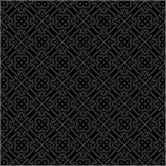 Black background with figures from dots . Black and white pattern for web page, textures, card, poster, fabric, textile. Repeating design.