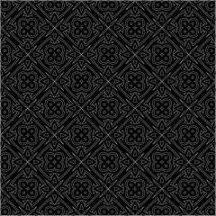 Black background with figures from dots . Black and white pattern for web page, textures, card, poster, fabric, textile. Repeating design.