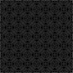 Black background with figures from dots . Black and white pattern for web page, textures, card, poster, fabric, textile. Repeating design.