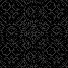 Black background with figures from dots . Black and white pattern for web page, textures, card, poster, fabric, textile. Repeating design.