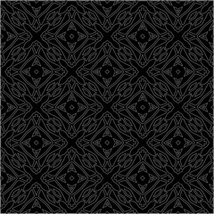 Black background with figures from dots . Black and white pattern for web page, textures, card, poster, fabric, textile. Repeating design.