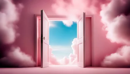 Fototapeten Surreal image of white clouds and light in the blue sky through the opening pink door of the room with pink walls, abstract images, metaphors and white fluffy clouds around it. © isarslantas