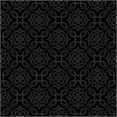 Black background with figures from dots . Black and white pattern for web page, textures, card, poster, fabric, textile. Repeating design.