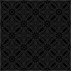 Black background with figures from dots . Black and white pattern for web page, textures, card, poster, fabric, textile. Repeating design.