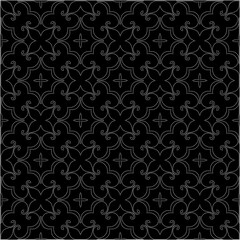 Black background with figures from dots . Black and white pattern for web page, textures, card, poster, fabric, textile. Repeating design.