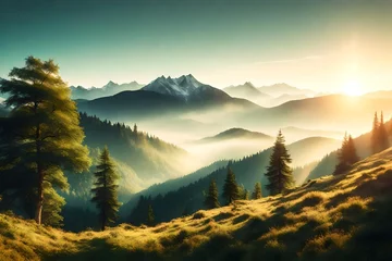Gardinen  3D image showcasing a mountain landscape at sunrise © sania