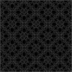 Black background with figures from dots . Black and white pattern for web page, textures, card, poster, fabric, textile. Repeating design.