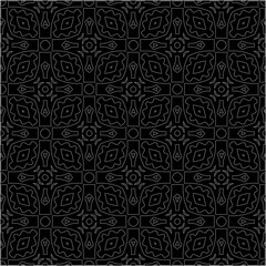 Black background with figures from dots . Black and white pattern for web page, textures, card, poster, fabric, textile. Repeating design.