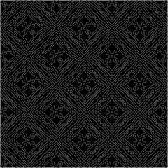 Obraz premium Black background with figures from dots . Black and white pattern for web page, textures, card, poster, fabric, textile. Repeating design.