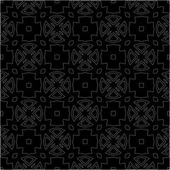 Black background with figures from dots . Black and white pattern for web page, textures, card, poster, fabric, textile. Repeating design.