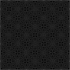 Black background with figures from dots . Black and white pattern for web page, textures, card, poster, fabric, textile. Repeating design.