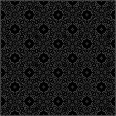 Black background with figures from dots . Black and white pattern for web page, textures, card, poster, fabric, textile. Repeating design.