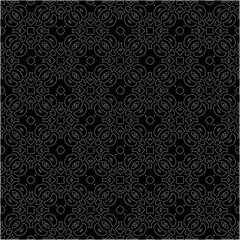 Black background with figures from dots . Black and white pattern for web page, textures, card, poster, fabric, textile. Repeating design.