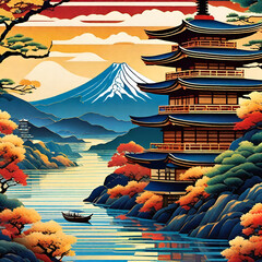Traditional landscape of Japan, Ukiyo-e landscape, generated with IA Support