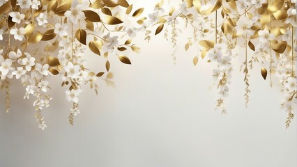 Elegant gold and royal white floral tree with leaves and flowers - obrazy, fototapety, plakaty