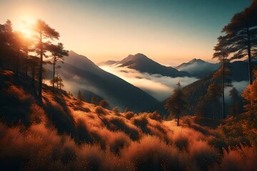  3D image showcasing a mountain landscape at sunrise