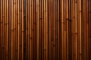 A wooden wall with vertical slats of varying heights and widths