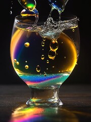 A glass of water with a rainbow of oil droplets