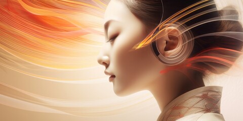  Chinese Woman Listens to Sound Signals Entering Her Ear, Highlighting the Multifaceted Nature of Auditory Sensory Perception and Cross-Cultural Sound Reception