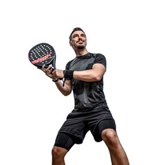 Padel tennis player on the transparent background outdoors. Paddle tenis template for bookmaker design ads with copy space. Mockup for betting advertisement. Sports betting on tenis - 648688964
