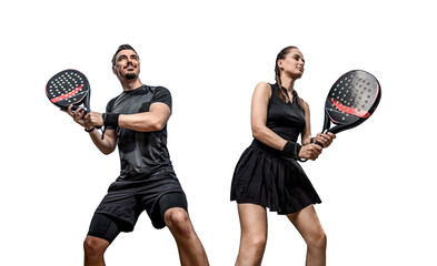 Family team. Group of two padel tennis players with racket. Woman and man athletes with paddle racket isolated on white background. Sport concept. Download a high quality photo for a sports app. - 648688981