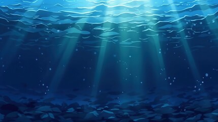 Fototapeta na wymiar Dark blue ocean surface seen from underwater. Illustration of sun light rays under water. The relief of the seabed through the water column. Design for banner, poster, cover, brochure or presentation.