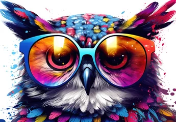 Foto op Plexiglas A cute multicolored owl with glasses is painted with watercolors. Close portrait of eagle-owl with paint splashes. Digital art. Printable design for t-shirt, bag, postcard, case and other products. © Login