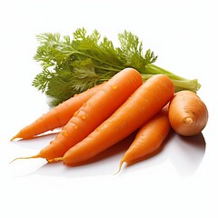Delicious fresh carrot with green leaves isolated on white background