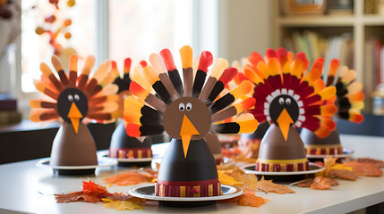 Group of paper turkeys in a brown and orange color scheme sitting on top of a kitchen table