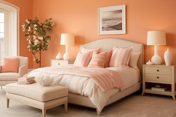 A contemporary and inviting bedroom with a cozy atmosphere, showcasing pleasant peach-colored furniture. Generative AI