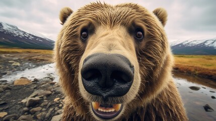 Close-up portrait of a bear in a clearing in the forest. Detailed image of the muzzle. A wild animal is looking at something. Illustration with distorted fisheye effect. Cover design, postcards.
